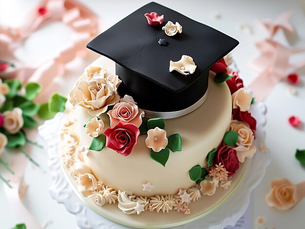 Foto torta con cappello di laurea e fiori su sfondo bianco