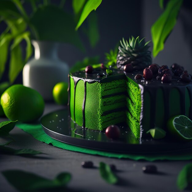 A cake with a green frosting and a lime on the side.