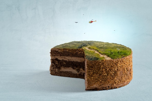 Cake with green landscape on top of it. Mixed media