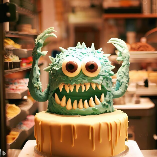 Photo a cake with a green monster on it