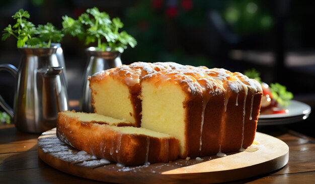 a cake with a green plant in the background and a small plant on the top