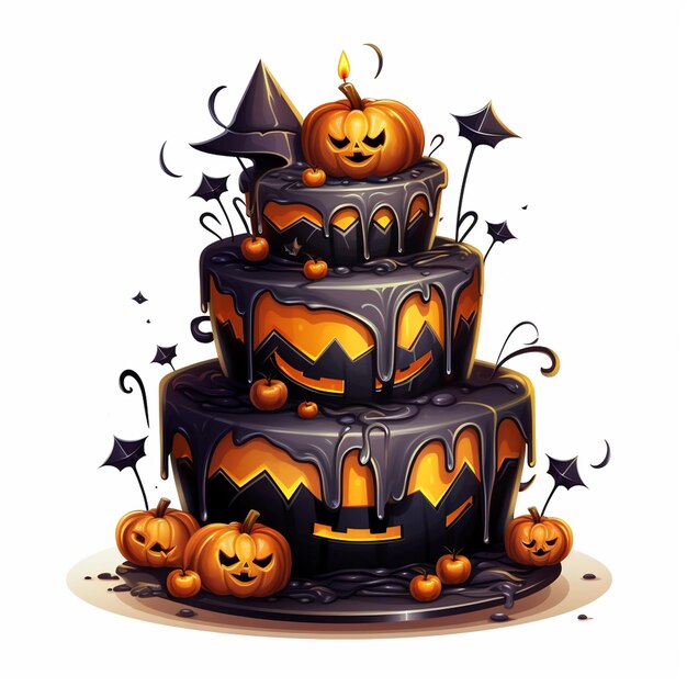 A cake with halloween decorations on it and a black cake with a pumpkin on it.