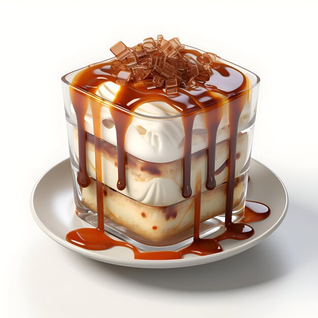 cake with ice cream and caramel on a white background 3d illustration