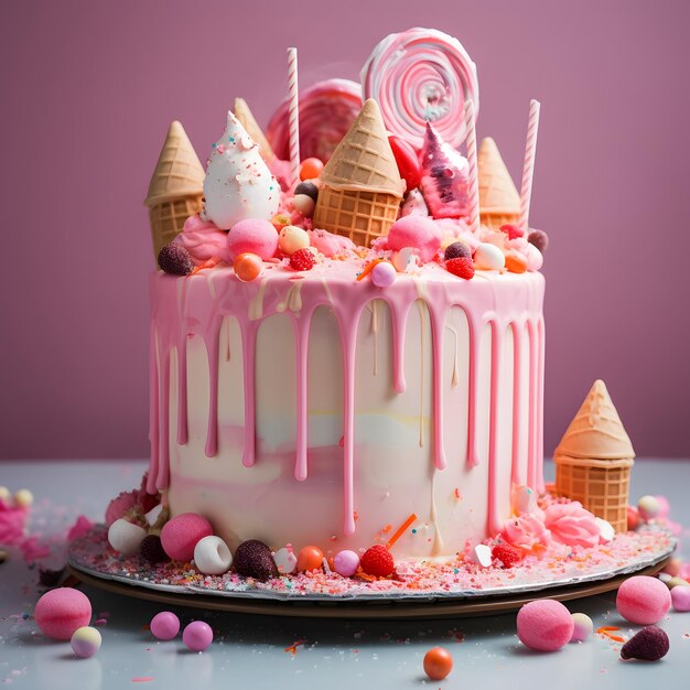 Photo a cake with ice cream and ice cream cones on it