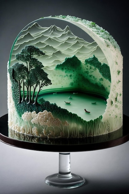 A cake with a lake and mountains on the top.