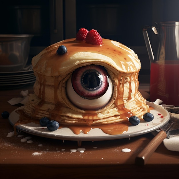 a cake with a large eye on it and a knife on the table.