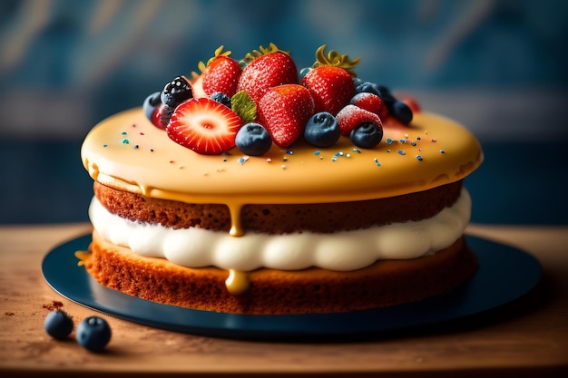 A cake with a layer of cream and berries on top