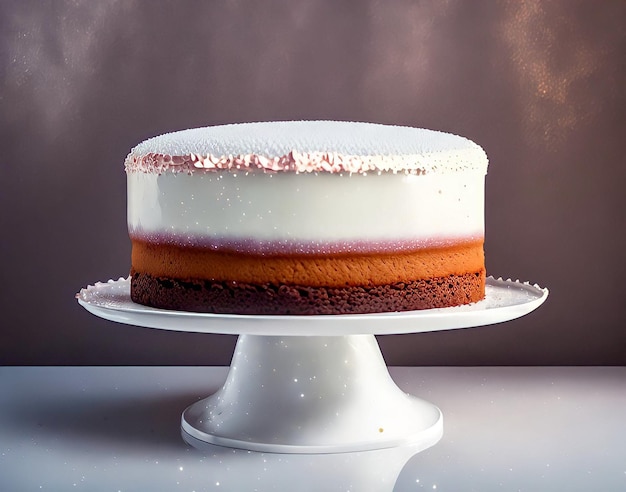 흰색과 분홍색 프로스팅이 층층이 있는 케이크.