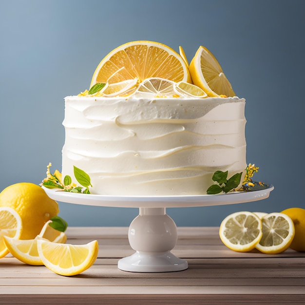 a cake with lemon slices and lemons on a table.