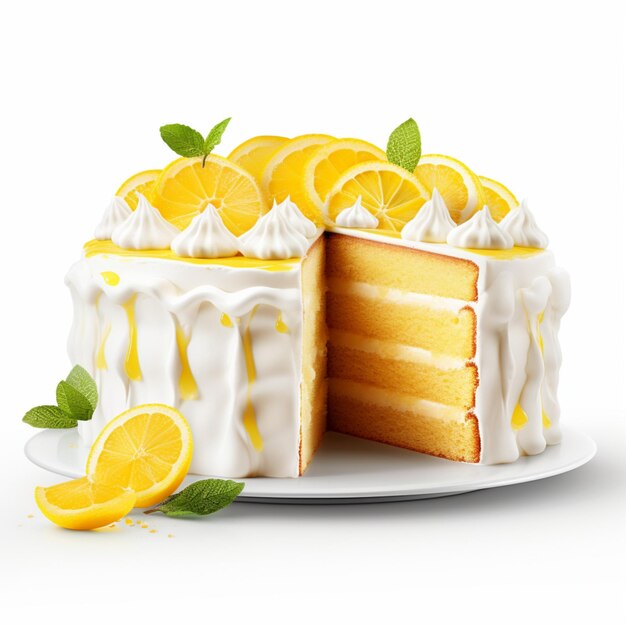 a cake with lemon slices on a plate with the cake on it