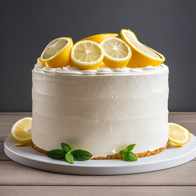 a cake with lemon slices on a white plate