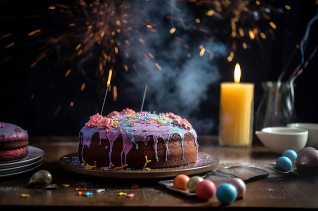 A cake with a lit candle in the background