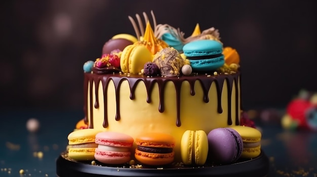 A cake with a lot of colorful macaroons on it