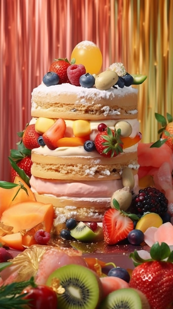 A cake with a lot of fruit on it