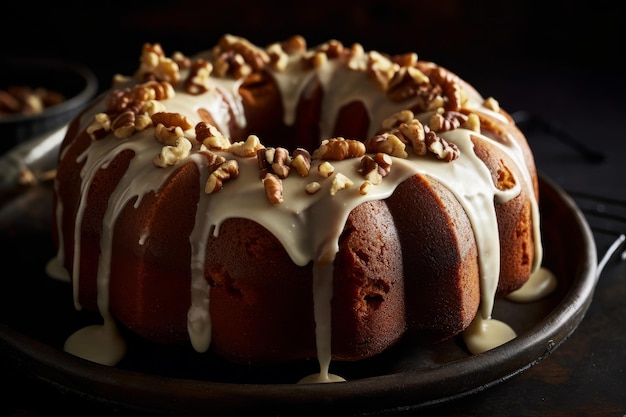 A cake with a maple cream cheese glaze and a maple glaze.