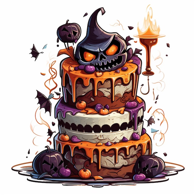 괴물 얼굴이 그려진 케이크와 중앙에 불.