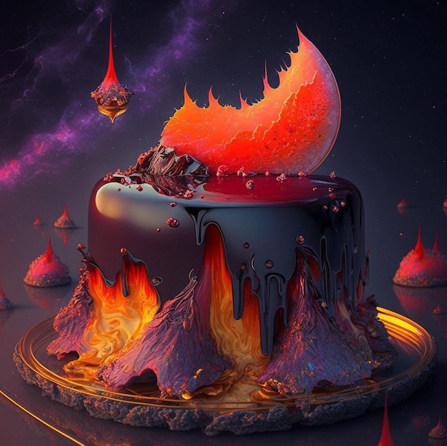 A cake with a moon on it and a black and red moon on the top.