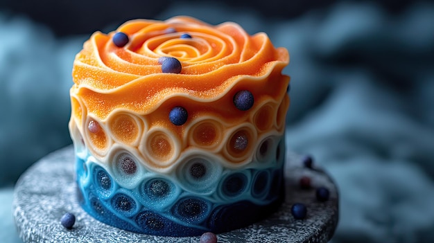 Cake with orange and blue swirls AI