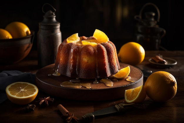 A cake with orange icing and orange slices on a wooden table.