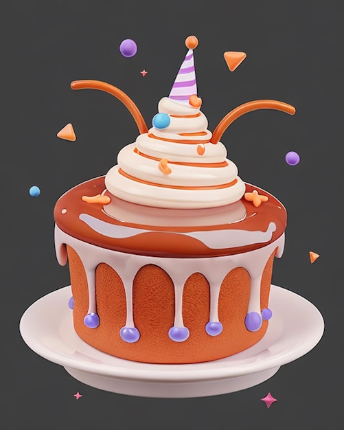 Photo a cake with orange icing and a white and purple cone on top