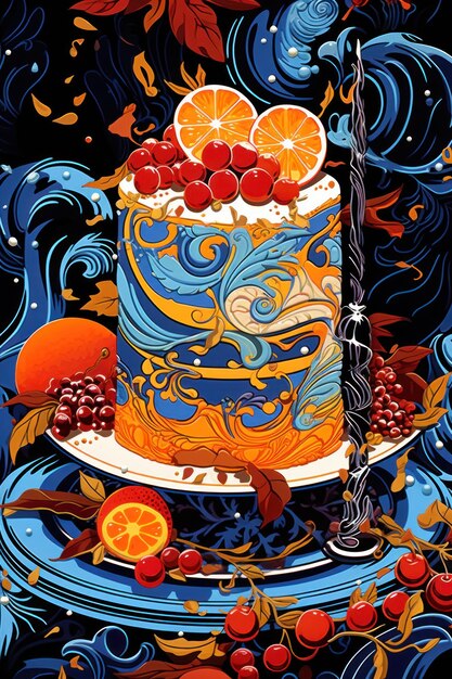 A cake with oranges and a knife on it ai