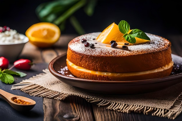 a cake with oranges and a slice of fruit on the plate