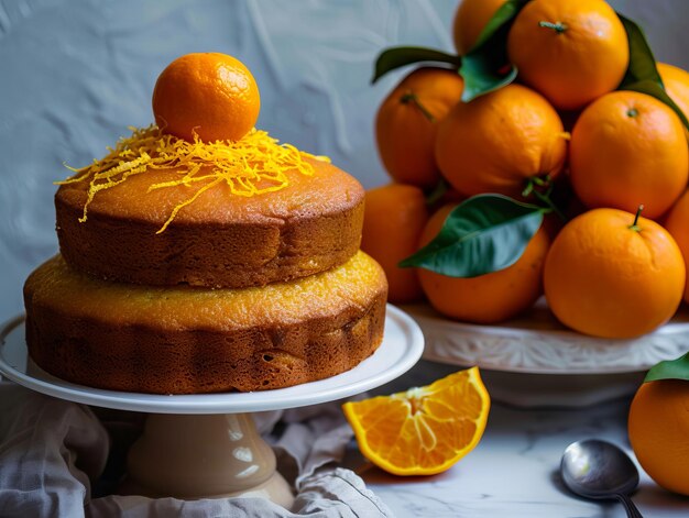 A cake with oranges on top and a plate