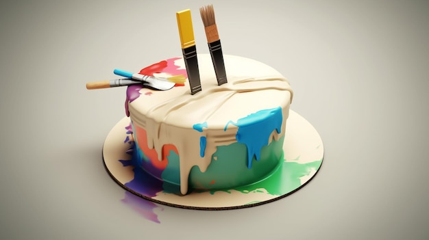 A cake with paint brushes on it and a paintbrush on the top.