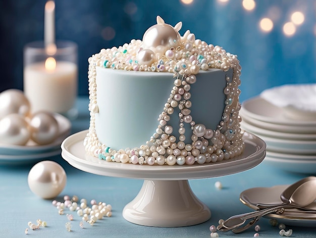 a cake with pearls and pearls on a plate with a candle and plates