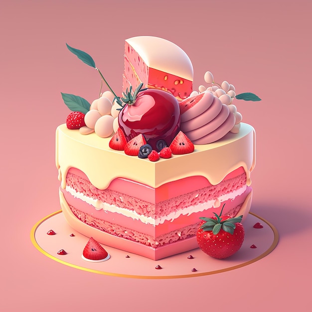 A cake with a piece of strawberry on it