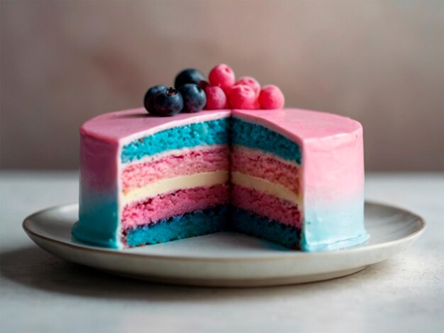 A cake with pink and blue cream on a plate Birthday cake for a gender party Festive dessert