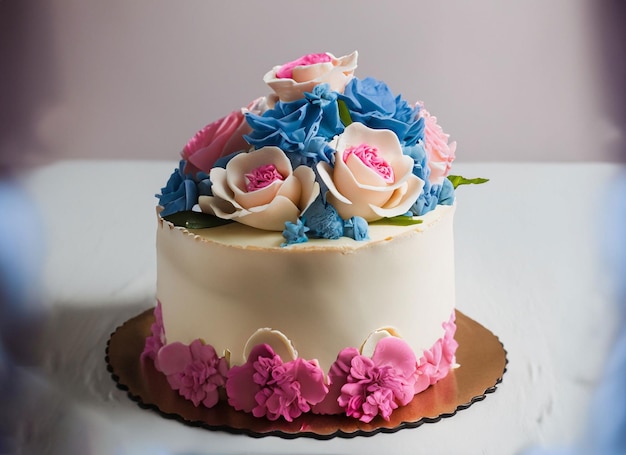 A cake with pink and blue flowers on it