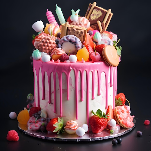 Foto a cake with a pink cake with a box of candy on it