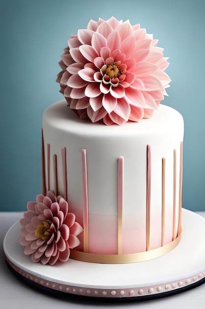 A cake with a pink flower on top.