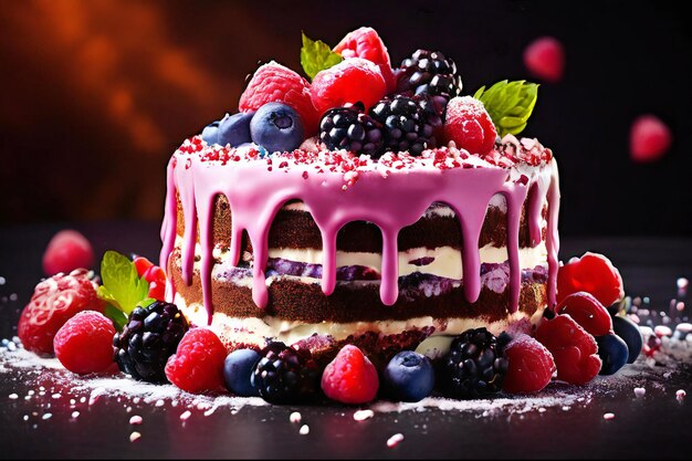 世界チョコレートデーの頂上にピンクのグラスとベリーのケーキ