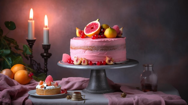 A cake with a pink frosting and a candle behind it