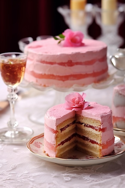 a cake with pink frosting and a glass of wine next to it.