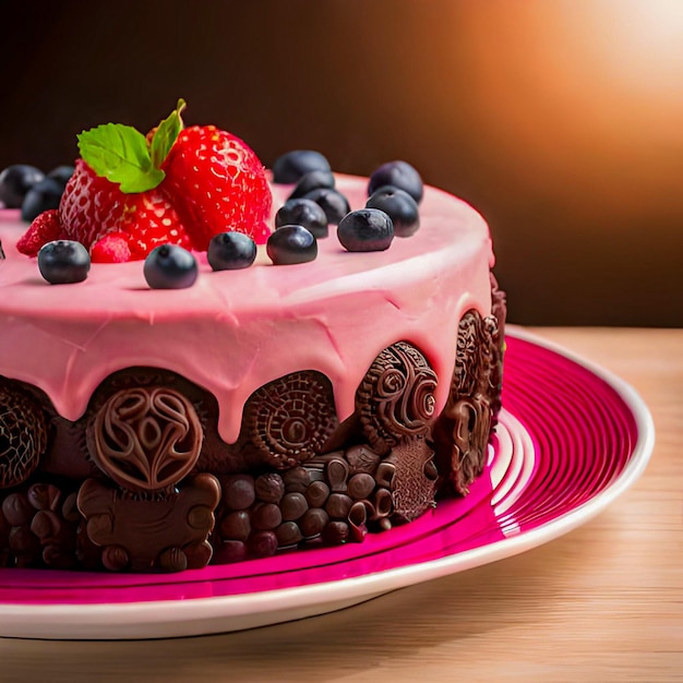 A cake with a pink frosting and strawberries on top of it.