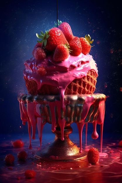 "딸기"라고 적힌 분홍색 아이싱이 있는 케이크.