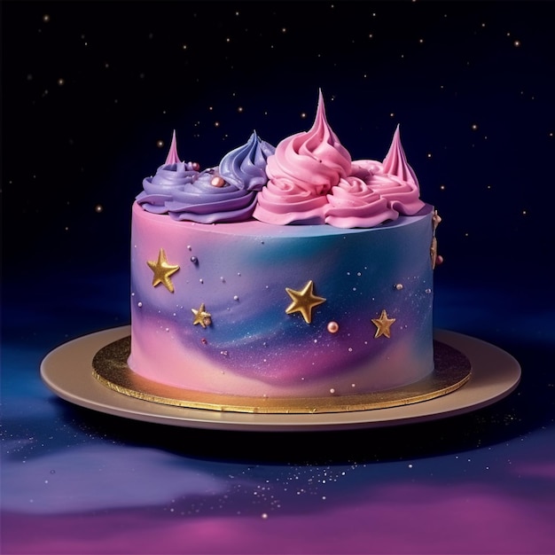 A cake with pink and purple icing and a purple star on the top.