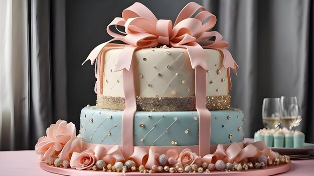 Photo a cake with a pink ribbon and a pink ribbon