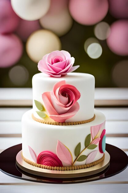 A cake with pink roses and a cookie.