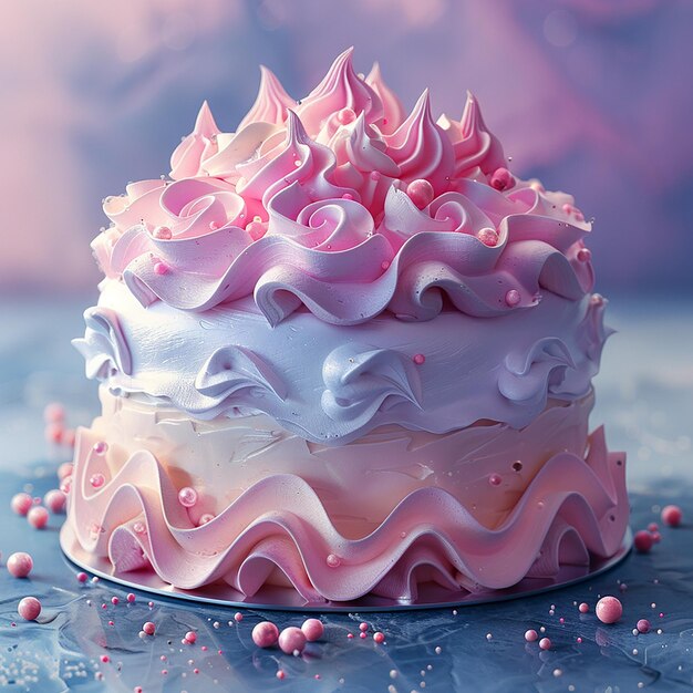 a cake with pink and white frosting and pink frosting