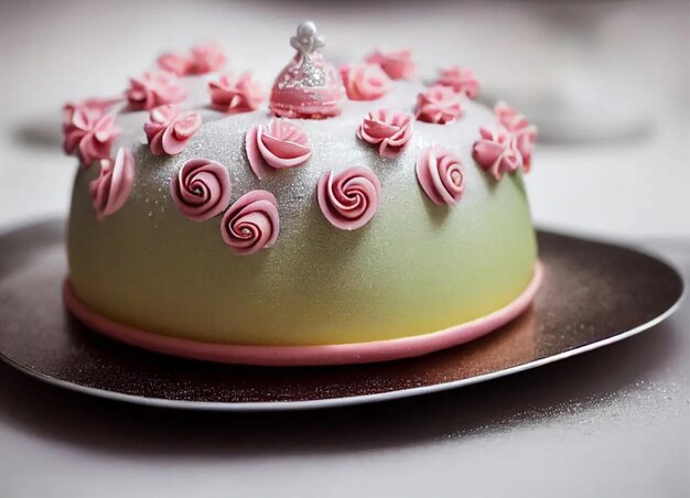 A cake with pink and white frosting and a silver ring on it