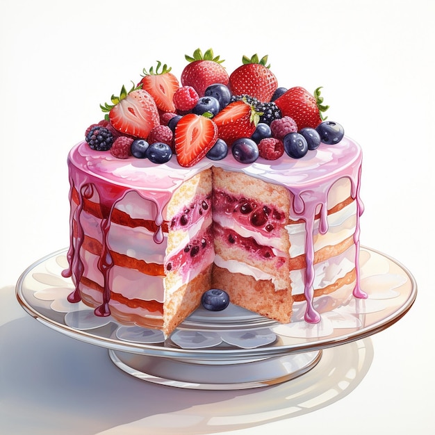 a cake with a pink and white frosting with berries on it