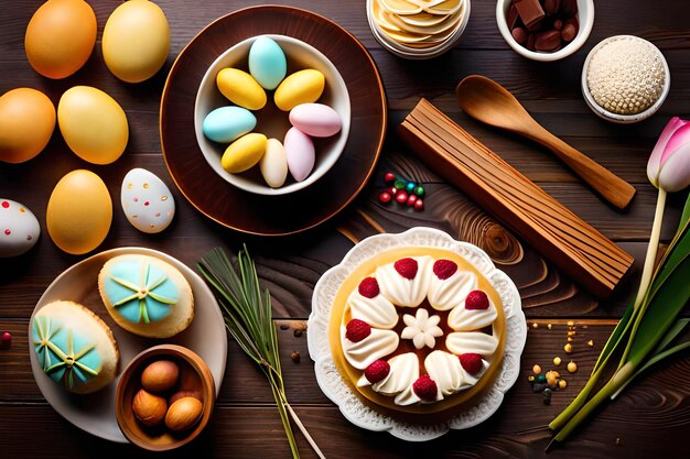 Photo a cake with a plate of easter eggs on it