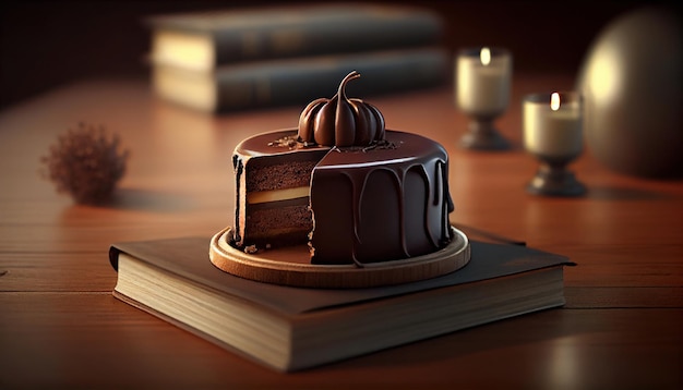 A cake with a pumpkin on top sits on a table.