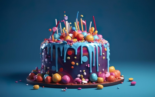 A cake with a purple and blue icing and a colorful sprinkles on it.