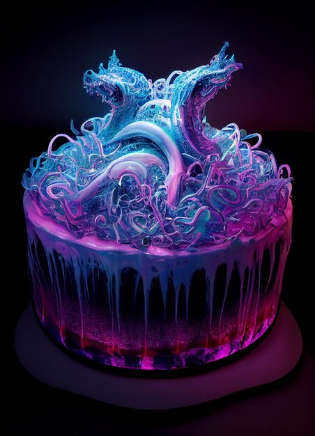 Photo a cake with purple and blue icing and a purple and green design on it.