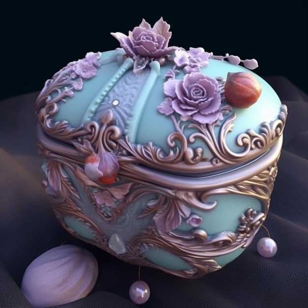 A cake with purple flowers and a pearl on the top.